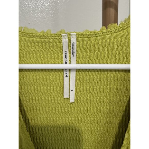 Anthropologie Ruffle Bodysuit Lime Green Deep V Women’s Boho Long Sleeve Small - Picture 2 of 5